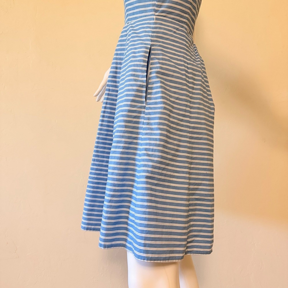 Eliza J Blue White Striped Cotton Fit Flare Dress Sleeveless Pleated Size 2 - Picture 6 of 14
